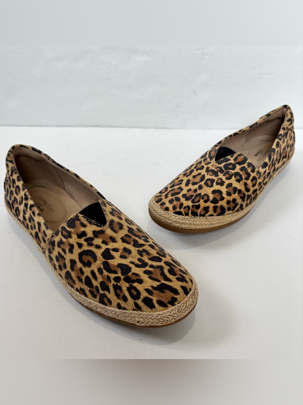 CLARKS Tan Leopard Print Suede Danelly Sky Espadrille Perforated Slip On Flats